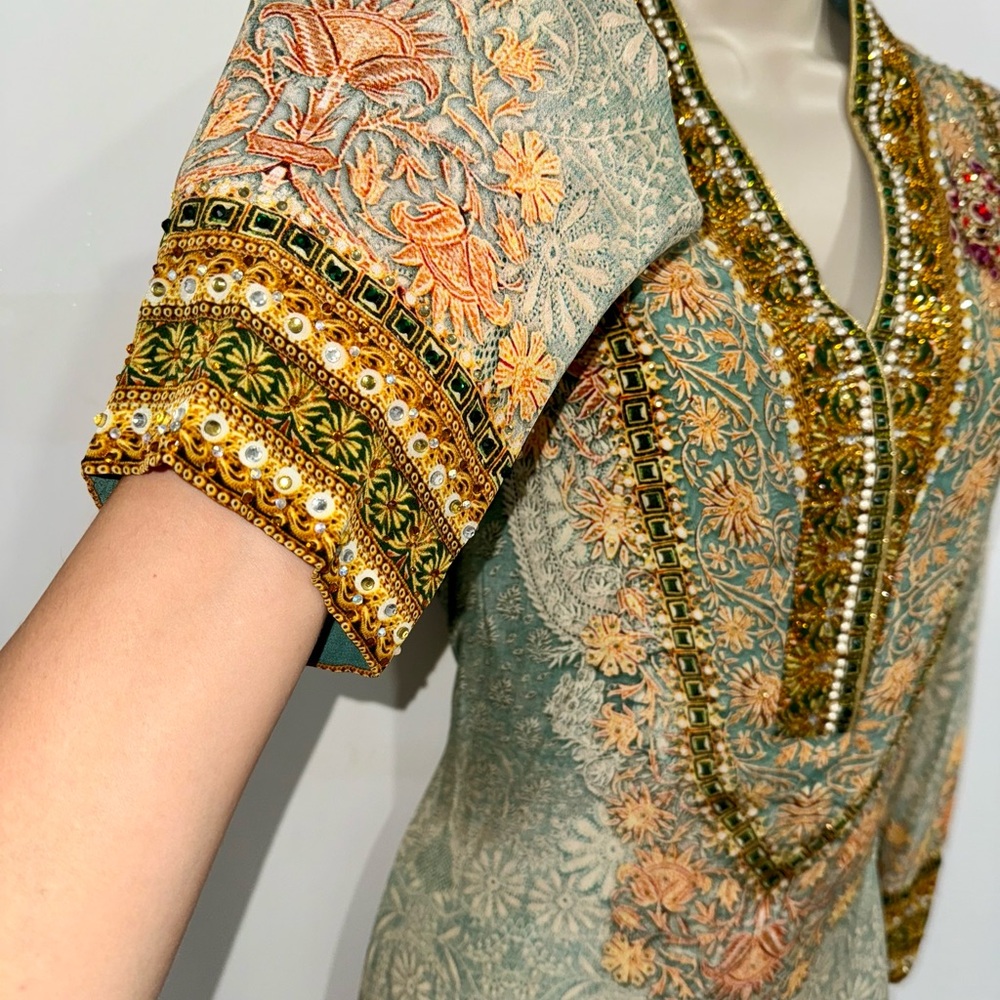 Meena Bazaar Kurti Tunic Dress | Printed Floral Design w/ Embellished Neckline